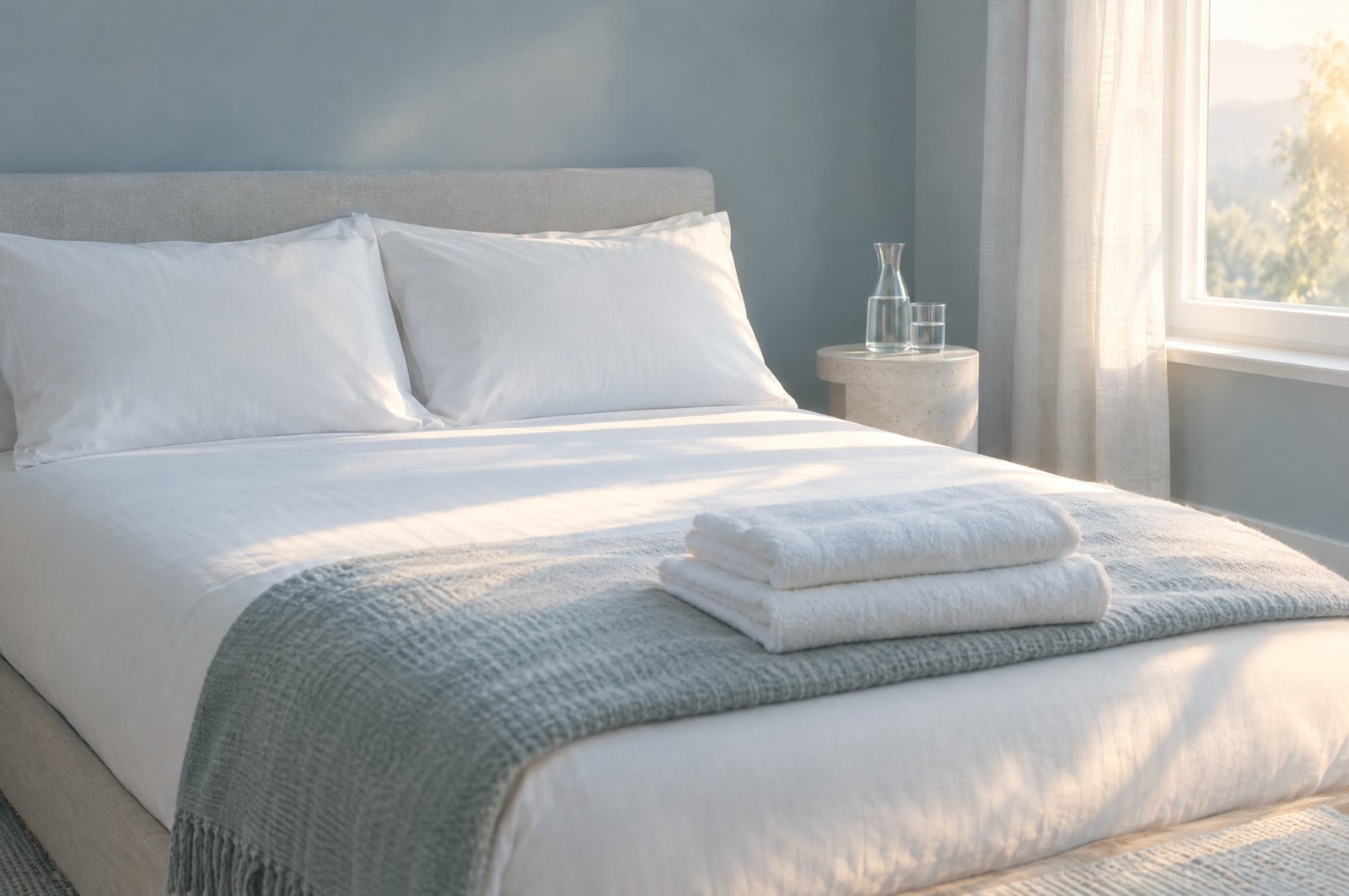 A freshly made guest bed with crisp white sheets