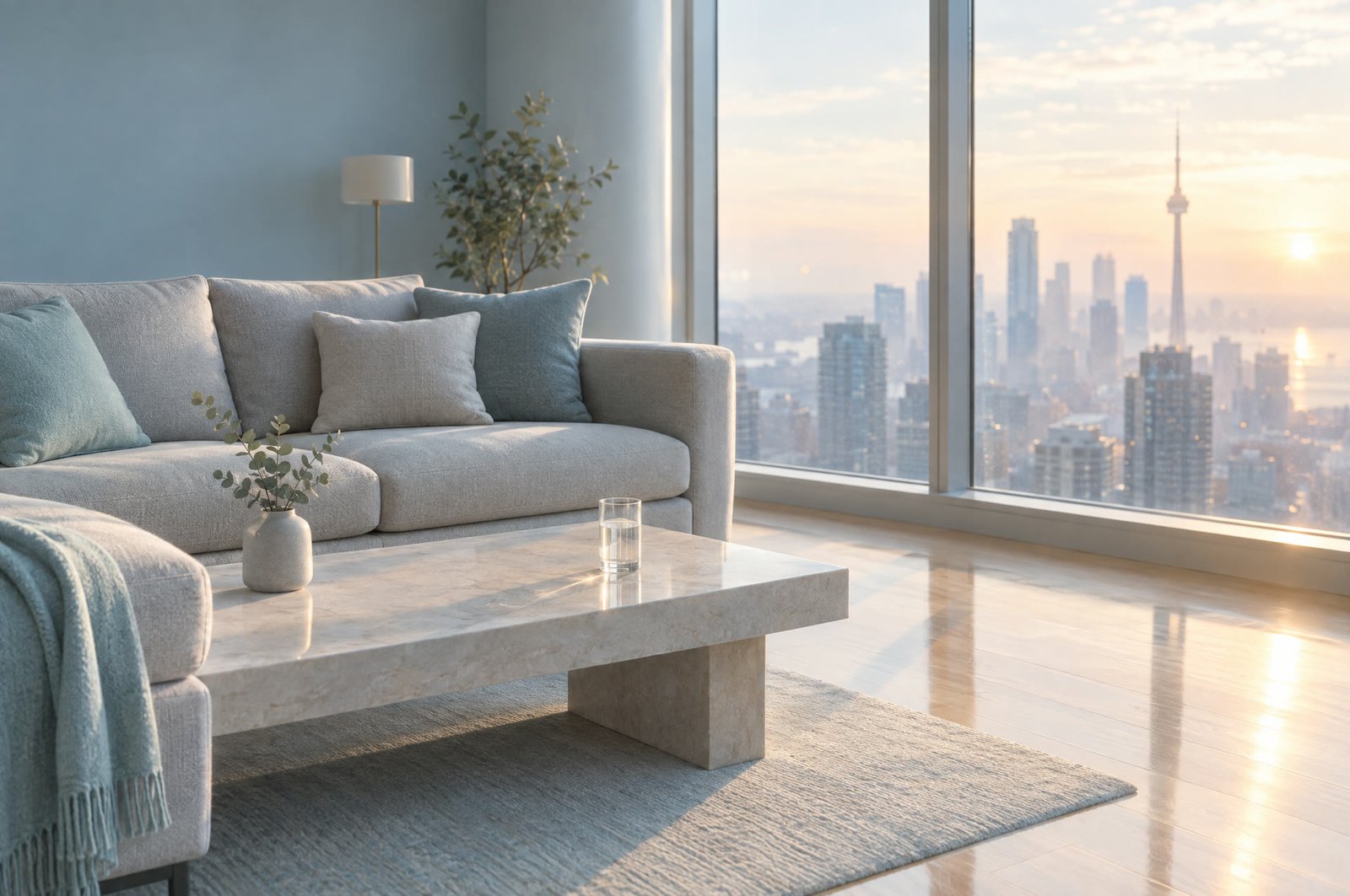 A bright, spotless condo living room in soft morning light