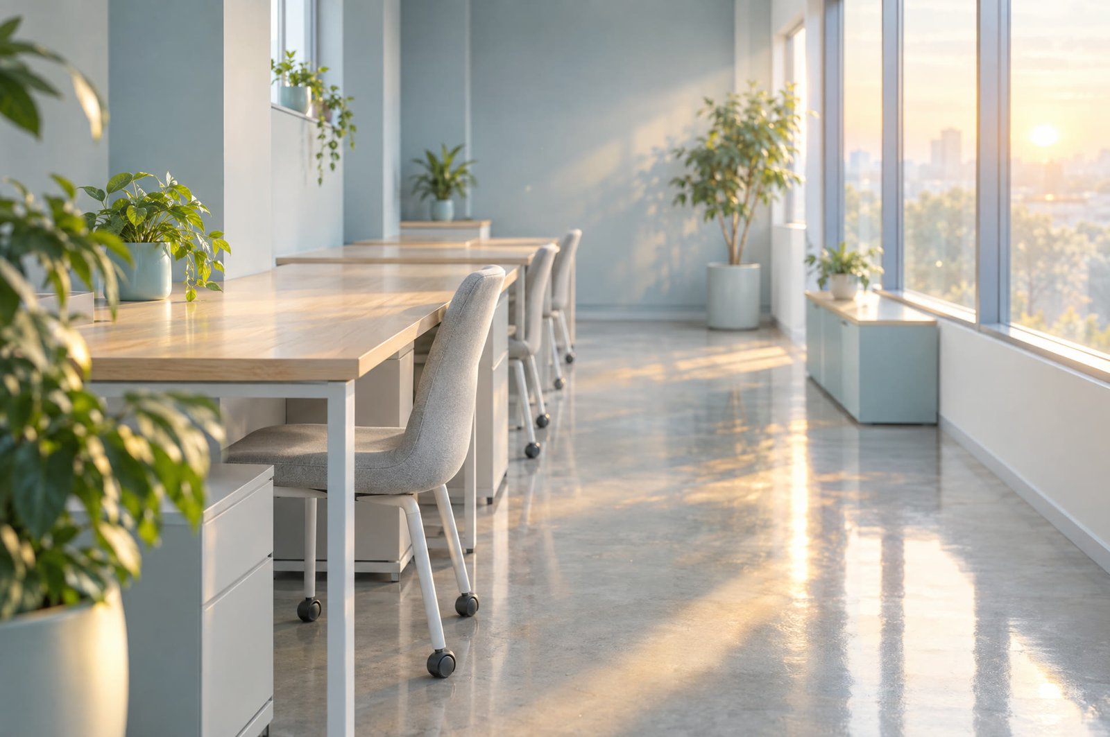 A clean, quiet office with tidy desks in early light